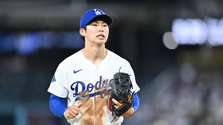Apr 24, 2026; Los Angeles, California, USA; Los Angeles Dodgers second baseman Hyeseong Kim (6) looks on during the fifth inning against the Chicago Cubs at Dodger Stadium. Mandatory Credit: William Liang-Imagn Images