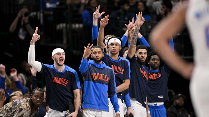 Jan 17, 2025; Dallas, Texas, USA; The Oklahoma City Thunder team bench celebrates during the second half against the Dallas Mavericks at the American Airlines Center. Mandatory Credit: Jerome Miron-Imagn Images Jan 17, 2025; Dallas, Texas, USA; The Oklahoma City Thunder team bench celebrates during the second half against the Dallas Mavericks at the American Airlines Center. Mandatory Credit: Jerome Miron-Imagn Images