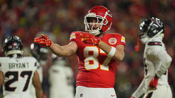 Kansas City Chiefs tight end Travis Kelce (87) reacts after a pass reception against the Houston Texans during the fourth quarter of a 2025 AFC divisional round game at GEHA Field at Arrowhead Stadium.