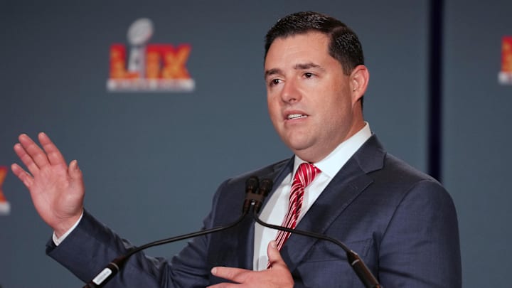 Feb 10, 2025; New Orleans, LA, USA; San Francisco 49ers chief executive officer Jed York at the Super Bowl LIX host committee handoff press conference. Mandatory Credit: Kirby Lee-Imagn Images