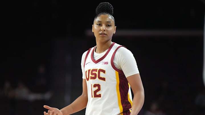 Dec 10, 2024; Los Angeles, California, USA; Southern California Trojans guard JuJu Watkins (12) reacts in the second half against the Fresno State Bulldogs at Galen Center. USC defeated Fresno State 89-40. Mandatory Credit: Kirby Lee-Imagn Images Dec 10, 2024; Los Angeles, California, USA; Southern California Trojans guard JuJu Watkins (12) reacts in the second half against the Fresno State Bulldogs at Galen Center. USC defeated Fresno State 89-40. Mandatory Credit: Kirby Lee-Imagn Images