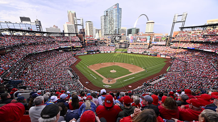 Mar 27, 2025; St. Louis, Missouri, USA; A general view of Busch Stadium during the fifth inning of opening day between the St. Louis Cardinals and the Minnesota Twins. Mandatory Credit: Jeff Curry-Imagn Images Mar 27, 2025; St. Louis, Missouri, USA; A general view of Busch Stadium during the fifth inning of opening day between the St. Louis Cardinals and the Minnesota Twins. Mandatory Credit: Jeff Curry-Imagn Images