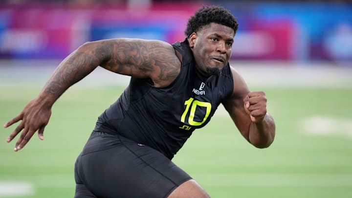 Feb 27, 2025; Indianapolis, IN, USA; Florida State defensive lineman Joshua Farmer (DL10) participates in drills during the 2025 NFL Combine at Lucas Oil Stadium. Mandatory Credit: Kirby Lee-Imagn Images