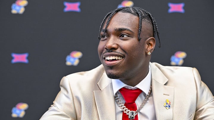 Jul 12, 2023; Arlington, TX, USA; Kansas Jayhawks quarterback Jalon Daniels is interviewed during Big 12 Media Days