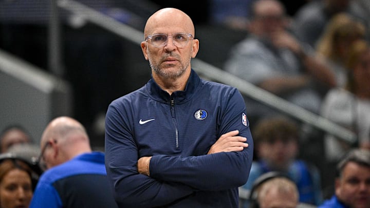 Mar 31, 2025; Dallas, Texas, USA; Dallas Mavericks head coach Jason Kidd looks on during the first quarter against the Brooklyn Nets at the American Airlines Center. Mandatory Credit: Jerome Miron-Imagn Images Mar 31, 2025; Dallas, Texas, USA; Dallas Mavericks head coach Jason Kidd looks on during the first quarter against the Brooklyn Nets at the American Airlines Center. Mandatory Credit: Jerome Miron-Imagn Images