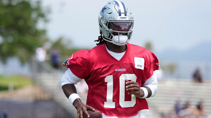 Jul 22, 2025; Oxnard, CA, USA; Dallas Cowboys quarterback Joe Milton III (10) carries the ball during training camp at the River Ridge Fields. Mandatory Credit: Kirby Lee-Imagn Images