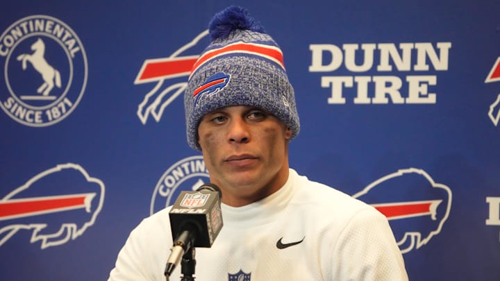 Buffalo Bills safety Jordan Poyer (21) at a press conference after a 2024 AFC wild card game at Highmark Stadium. Buffalo Bills safety Jordan Poyer (21) at a press conference after a 2024 AFC wild card game at Highmark Stadium.