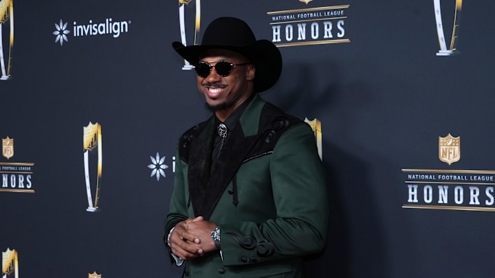 Feb 5, 2026; San Francisco, CA, USA; Myles Garrett poses on the NFL Honors Red Carpet before Super Bowl LX at Palace of Fine Arts. Mandatory Credit: Kirby Lee-Imagn Images