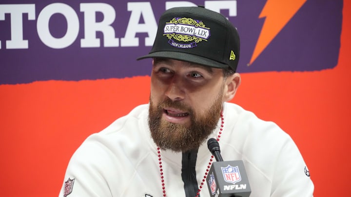 Feb 3, 2025; New Orleans, LA, USA; Kansas City Chiefs tight end Travis Kelce (87) during Super Bowl LIX Opening Night at Ceasars Superdome. Mandatory Credit: Kirby Lee-Imagn Images Feb 3, 2025; New Orleans, LA, USA; Kansas City Chiefs tight end Travis Kelce (87) during Super Bowl LIX Opening Night at Ceasars Superdome. Mandatory Credit: Kirby Lee-Imagn Images