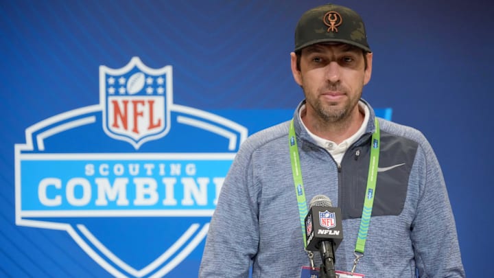 Feb 25, 2025; Indianapolis, IN, USA; Indianapolis Colts coach Shane Steichen speaks during the NFL Scouting Combine at the Indiana Convention Center. Mandatory Credit: Kirby Lee-Imagn Images
