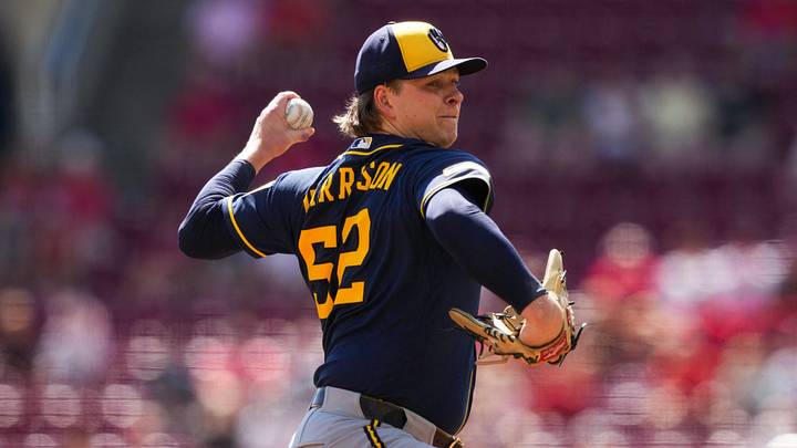 Sep 6, 2026; Cincinnati, Ohio, USA;  Milwaukee Brewers pitcher Kyle Harrison (52) throws against the Cincinnati Reds in the first inning at Great American Ball Park. Mandatory Credit: Aaron Doster-Imagn Images
