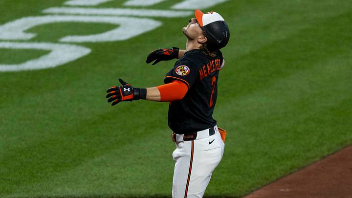 Jul 25, 2026; Baltimore, Maryland, USA; Baltimore Orioles shortstop Gunnar Henderson (2) celebrates a home run in the fifth inning at Oriole Park at Camden Yards. Mandatory Credit: Lexi Thompson-Imagn Images
