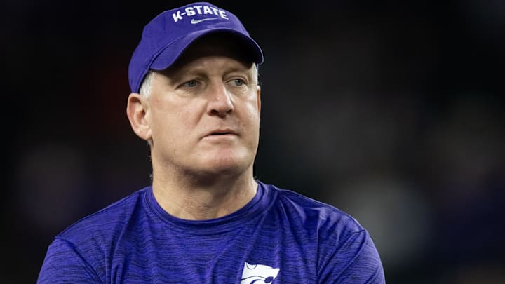 Dec 26, 2024; Phoenix, AZ, USA; Kansas State Wildcats head coach Chris Klieman prior to the game against the Rutgers Scarlet Knights during the Rate Bowl at Chase Field. Mandatory Credit: Mark J. Rebilas-Imagn Images