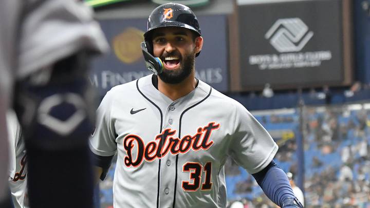 Detroit Tigers outfielder Riley Greene (31) celebrates a home run at Tropicana Field. Detroit Tigers outfielder Riley Greene (31) celebrates a home run at Tropicana Field.