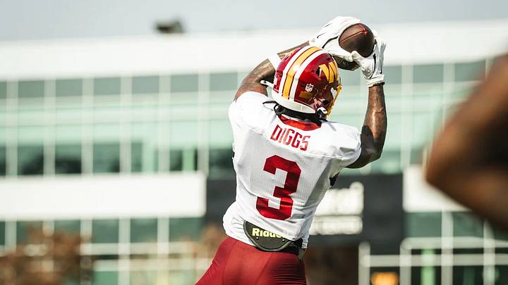Washington Commanders wide receiver Stefon Diggs makes a catch during practice at the team’s training facility in Ashburn, Virginia. Washington Commanders wide receiver Stefon Diggs makes a catch during practice at the team’s training facility in Ashburn, Virginia.