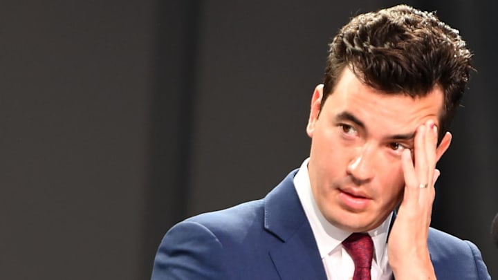 Sep 27, 2021; Toronto, Ontario, Canada;  Toronto Raptors general manager Bobby Webster speaks to the media  during Media Day at Scotiabank Arena. Mandatory Credit: Dan Hamilton-Imagn Images