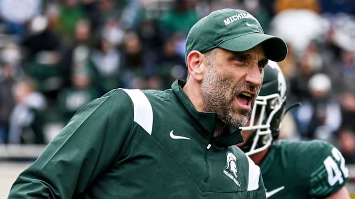 Michigan State's defensive coordinator Joe Rossi works with the linebackers during the Spring Showcase on Saturday, April 20, 2024, at Spartan Stadium in East Lansing.
