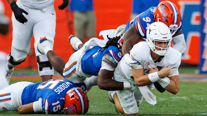 The Florida Gators sacked Texas Longhorns quarterback Arch Manning six times on Saturday. The Florida Gators sacked Texas Longhorns quarterback Arch Manning six times on Saturday.