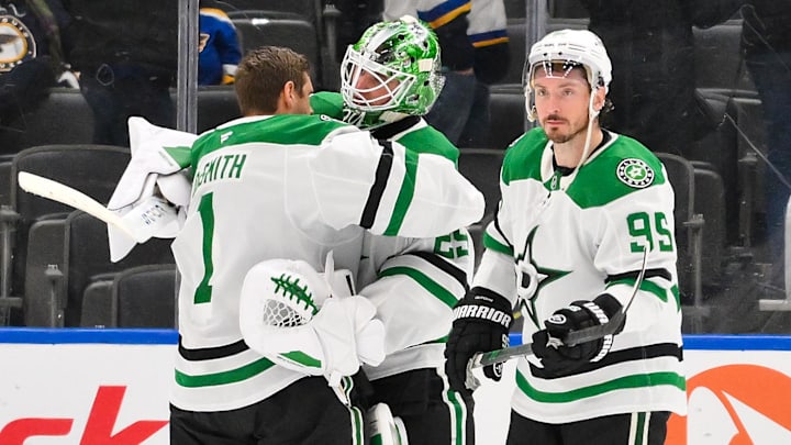 Jan 27, 2026; St. Louis, Missouri, USA; Dallas Stars goaltender Jake Oettinger (29) celebrates with goaltender Casey DeSmith (1) and center Matt Duchene (95) after the Stars defeated the St. Louis Blues at Enterprise Center. Mandatory Credit: Jeff Curry-Imagn Images