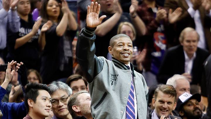 Jan 16, 2015; Toronto, Ontario, CAN; Fans honor Toronto Raptors former player Muggsy Bogues during a break in the action against the Atlanta Hawks at the Air Canada Centre. Mandatory Credit: John E. Sokolowski-USA TODAY Sports