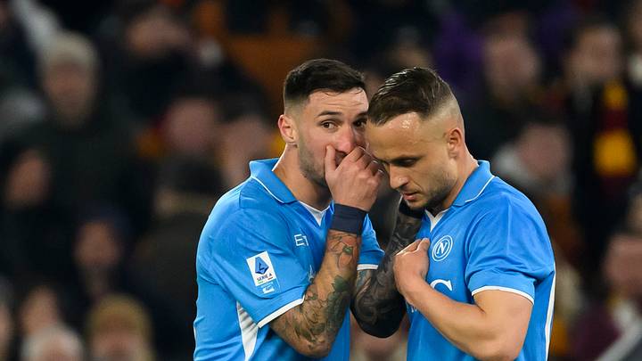 Matteo Politano and Stanislav Lobotka of SSC Napoli talk...