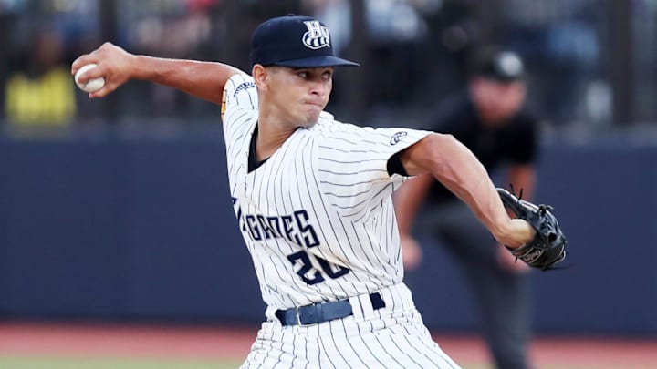 Hudson Valley Renegades pitcher Blas Castano throws during a game against the Brooklyn Cyclones on July 27, 2022, at Dutchess Stadium.