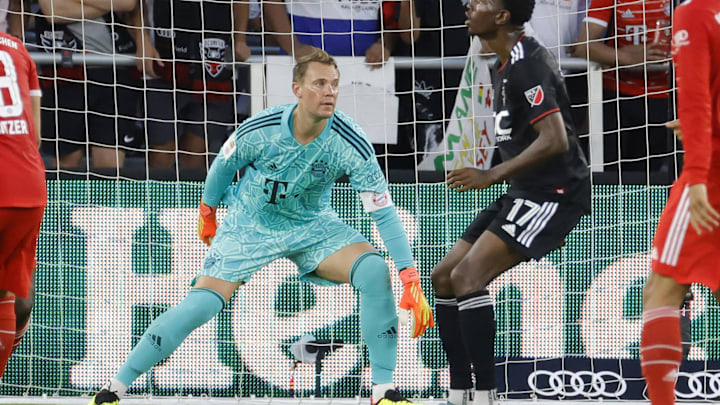 Jul 20, 2022; Washington, DC, USA; Bayern Munich goalkeeper Manuel Neuer (1) follows the ball next to against D.C. United at Audi Field. Mandatory Credit: Geoff Burke-Imagn Images