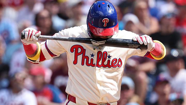 Sep 6, 2026; Philadelphia, Pennsylvania, USA; Philadelphia Phillies second baseman Luis Arraez (4) bites his bat after hitting a foul ball during the third inning against the Atlanta Braves at Citizens Bank Park. Mandatory Credit: Bill Streicher-Imagn Images Sep 6, 2026; Philadelphia, Pennsylvania, USA; Philadelphia Phillies second baseman Luis Arraez (4) bites his bat after hitting a foul ball during the third inning against the Atlanta Braves at Citizens Bank Park. Mandatory Credit: Bill Streicher-Imagn Images