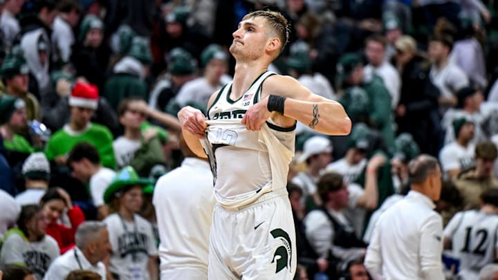 Michigan State's Carson Cooper reacts after the Spartans loss to Duke on Saturday, Dec. 6, 2025, at the Breslin Center in East Lansing.