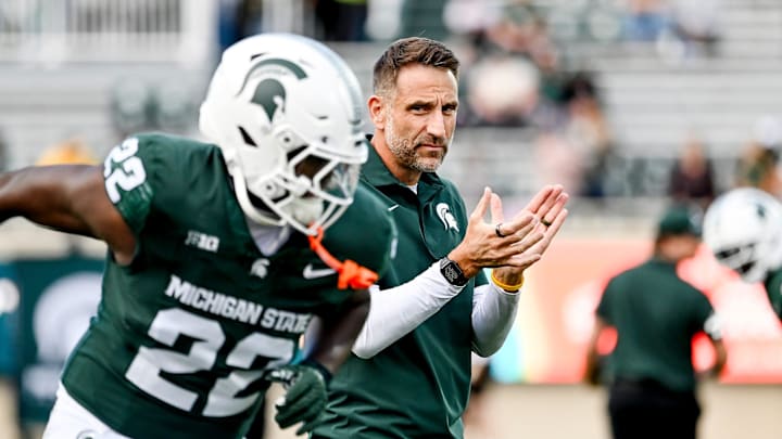 Michigan State's defensive coordinator Joe Rossi watches during warmups before the football game against Western Michigan on Friday, Aug. 29, 2025, in East Lansing.