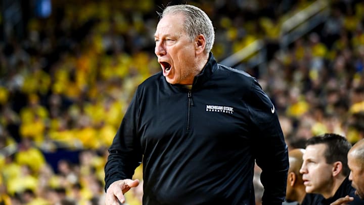 Michigan State's head coach Tom Izzo calls out to players during the second half in the game against Michigan on Sunday, March 8, 2026, at the Crisler Center in Ann Arbor. Michigan State's head coach Tom Izzo calls out to players during the second half in the game against Michigan on Sunday, March 8, 2026, at the Crisler Center in Ann Arbor.