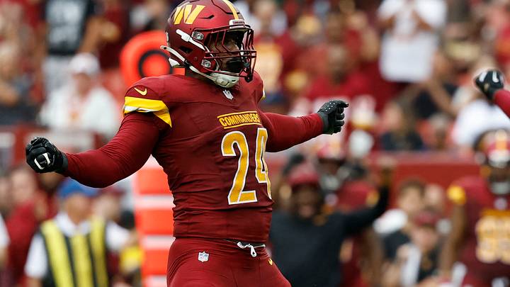 Washington Commanders OLB Von Miller celebrates after recording a sack against the Las Vegas Raiders. Washington Commanders OLB Von Miller celebrates after recording a sack against the Las Vegas Raiders.