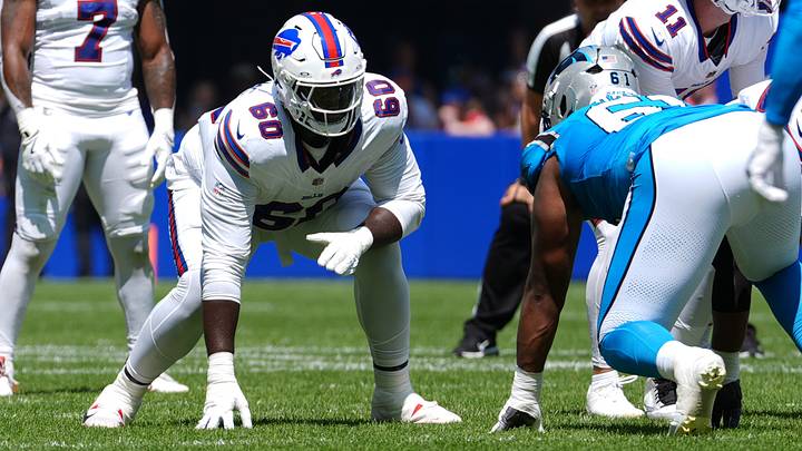 Aug. 15, 2026; Orchard Park, New York, USA; Buffalo Bills' rookie guard Ar'maj Reed-Adams (60) lines up for a play against the Carolina Panthers during the first half of a preseason game at the new Highmark Stadium. Aug. 15, 2026; Orchard Park, New York, USA; Buffalo Bills' rookie guard Ar'maj Reed-Adams (60) lines up for a play against the Carolina Panthers during the first half of a preseason game at the new Highmark Stadium.