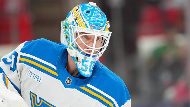 Mar 12, 2026; Raleigh, North Carolina, USA; St. Louis Blues goaltender Jordan Binnington (50) looks on during the warmups before the game against the Carolina Hurricanes at Lenovo Center. Mandatory Credit: James Guillory-Imagn Images Mar 12, 2026; Raleigh, North Carolina, USA; St. Louis Blues goaltender Jordan Binnington (50) looks on during the warmups before the game against the Carolina Hurricanes at Lenovo Center. Mandatory Credit: James Guillory-Imagn Images