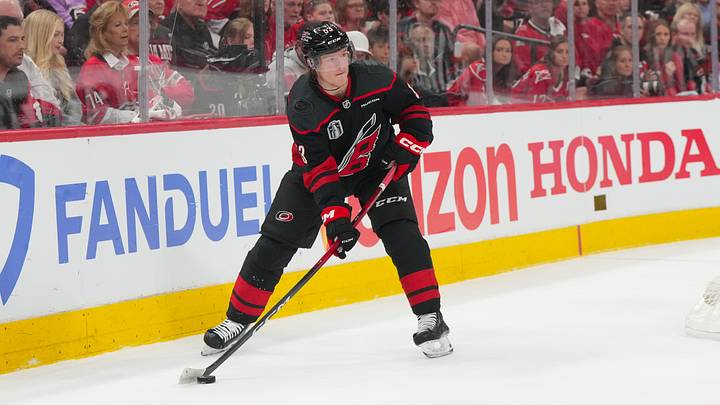 Jun 4, 2026; Raleigh, North Carolina, USA; Carolina Hurricanes right wing Jackson Blake (53) skates with the puck against the Vegas Golden Knights during the first period in game two of the 2026 Stanley Cup Final at Lenovo Center. Mandatory Credit: James Guillory-Imagn Images Jun 4, 2026; Raleigh, North Carolina, USA; Carolina Hurricanes right wing Jackson Blake (53) skates with the puck against the Vegas Golden Knights during the first period in game two of the 2026 Stanley Cup Final at Lenovo Center. Mandatory Credit: James Guillory-Imagn Images