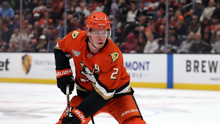 Jan 19, 2026; Anaheim, California, USA; Anaheim Ducks defenseman Jackson LaCombe (2) controls the puck against New York Rangers right wing Gabe Perreault (94) during the second period at Honda Center. Mandatory Credit: Kiyoshi Mio-Imagn Images Jan 19, 2026; Anaheim, California, USA; Anaheim Ducks defenseman Jackson LaCombe (2) controls the puck against New York Rangers right wing Gabe Perreault (94) during the second period at Honda Center. Mandatory Credit: Kiyoshi Mio-Imagn Images