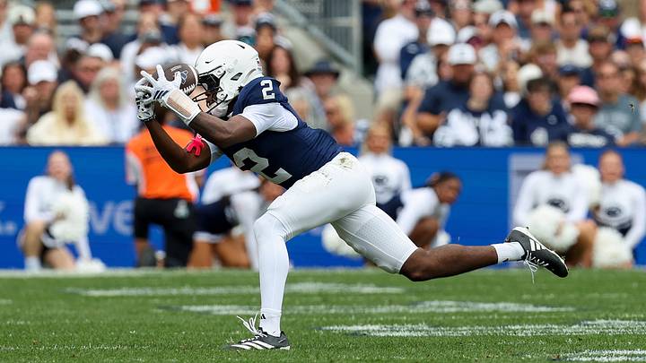 Penn State Nittany Lions wide receiver Zay Robinson (2) makes a diving catch during the first quarter against the Buffalo Bulls at Beaver Stadium. Penn State Nittany Lions wide receiver Zay Robinson (2) makes a diving catch during the first quarter against the Buffalo Bulls at Beaver Stadium.