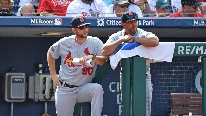 Aug 27, 2023; Philadelphia, Pennsylvania, USA; St. Louis Cardinals pitching coach Dusty Blake (90) and manager Oliver Marmol (37) watch game against the Philadelphia Phillies at Citizens Bank Park. Mandatory Credit: Eric Hartline-USA TODAY Sports Aug 27, 2023; Philadelphia, Pennsylvania, USA; St. Louis Cardinals pitching coach Dusty Blake (90) and manager Oliver Marmol (37) watch game against the Philadelphia Phillies at Citizens Bank Park. Mandatory Credit: Eric Hartline-USA TODAY Sports