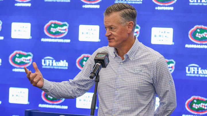 University of Florida athletic director Scott Stricklin addresses the media in a press conference on Oct. 20, 2025.