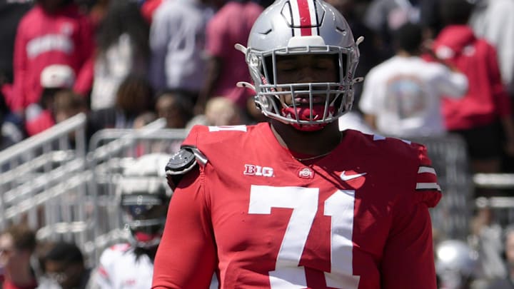 April 13, 2024; Columbus, Ohio, USA; 
Ohio State Buckeyes offensive tackle Josh Simmons (71) competes during the first half of the LifeSports spring football game at Ohio Stadium on Saturday.