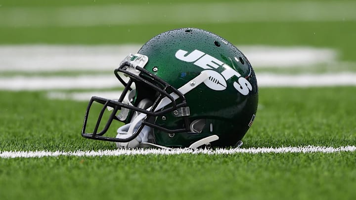 Dec 29, 2019; Orchard Park, New York, USA; General view of a New York Jets helmet prior to the game against the Buffalo Bills at New Era Field. Mandatory Credit: Rich Barnes-Imagn Images