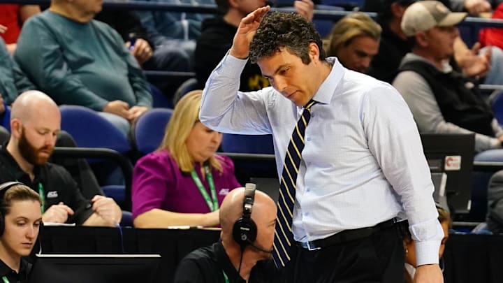 Georgia Tech Yellow Jackets head coach Josh Pastner reacts against the Pittsburgh Panthers during the first half of the second round of the ACC tournament at Greensboro Coliseum. Mandatory Credit: John David Mercer-Imagn Images