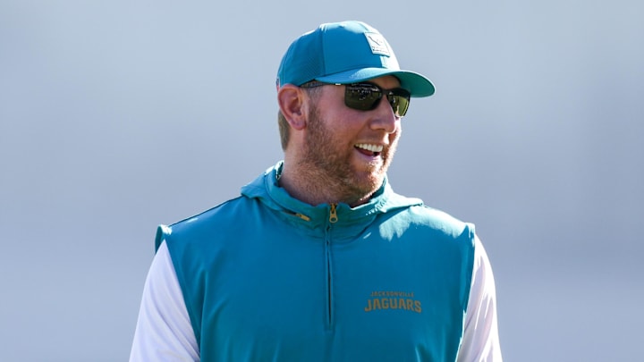 Jul 24, 2025; Jacksonville, FL, USA; Jacksonville Jaguars head coach Liam Coen leads training camp at Miller Electric Center. Mandatory Credit: Nathan Ray Seebeck-Imagn Images