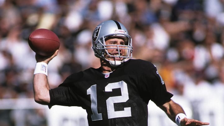 Oct 24, 1999; Oakland, CA, USA; FILE PHOTO; Oakland Raiders quarterback Rich Gannon (12) throws the ball against the New York Jets at Oakland-Alameda County Coliseum. Mandatory Credit: Peter Brouillet-USA TODAY NETWORK