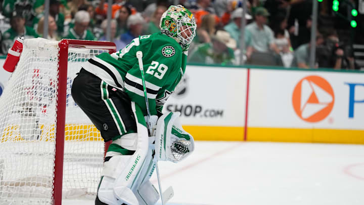 May 31, 2024; Dallas, Texas, USA; Dallas Stars goaltender Jake Oettinger (29) faces the Edmonton attack during the first period between the Dallas Stars and the Edmonton Oilers in game five of the Western Conference Final of the 2024 Stanley Cup Playoffs at American Airlines Center. Mandatory Credit: Chris Jones-Imagn Images