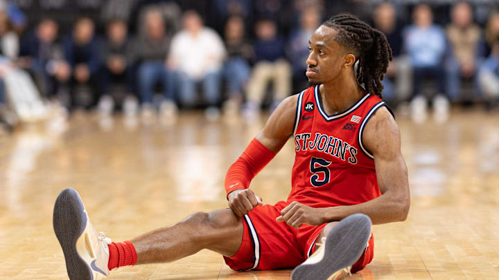 Jan 6, 2024; Villanova, Pennsylvania, USA; St. John's Red Storm guard Daniss Jenkins (5) reacts to