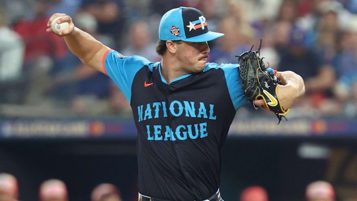 National League pitcher Paul Skenes of the Pittsburgh Pirates (30) pitches against the American League in the first inning during the 2024 MLB All-Star game at Globe Life Field.