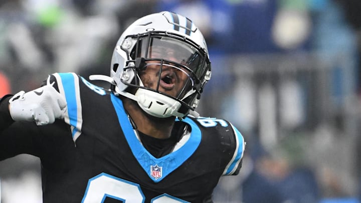 Dec 28, 2025; Charlotte, North Carolina, USA; Carolina Panthers linebacker D.J. Wonnum (98) reacts after a sack in the fourth quarter at Bank of America Stadium. Mandatory Credit: Bob Donnan-Imagn Images