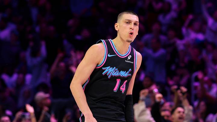 Miami Heat guard Tyler Herro (14) reacts  (Mandatory Credit: Sam Navarro-Imagn Images)