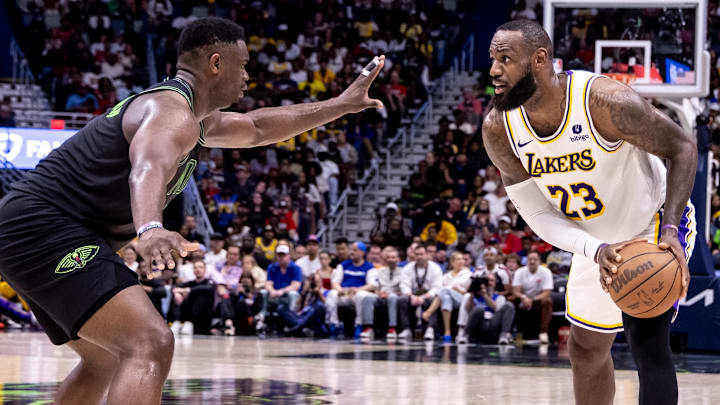 Apr 14, 2024; New Orleans, Louisiana, USA; Los Angeles Lakers forward LeBron James (23) dribbles